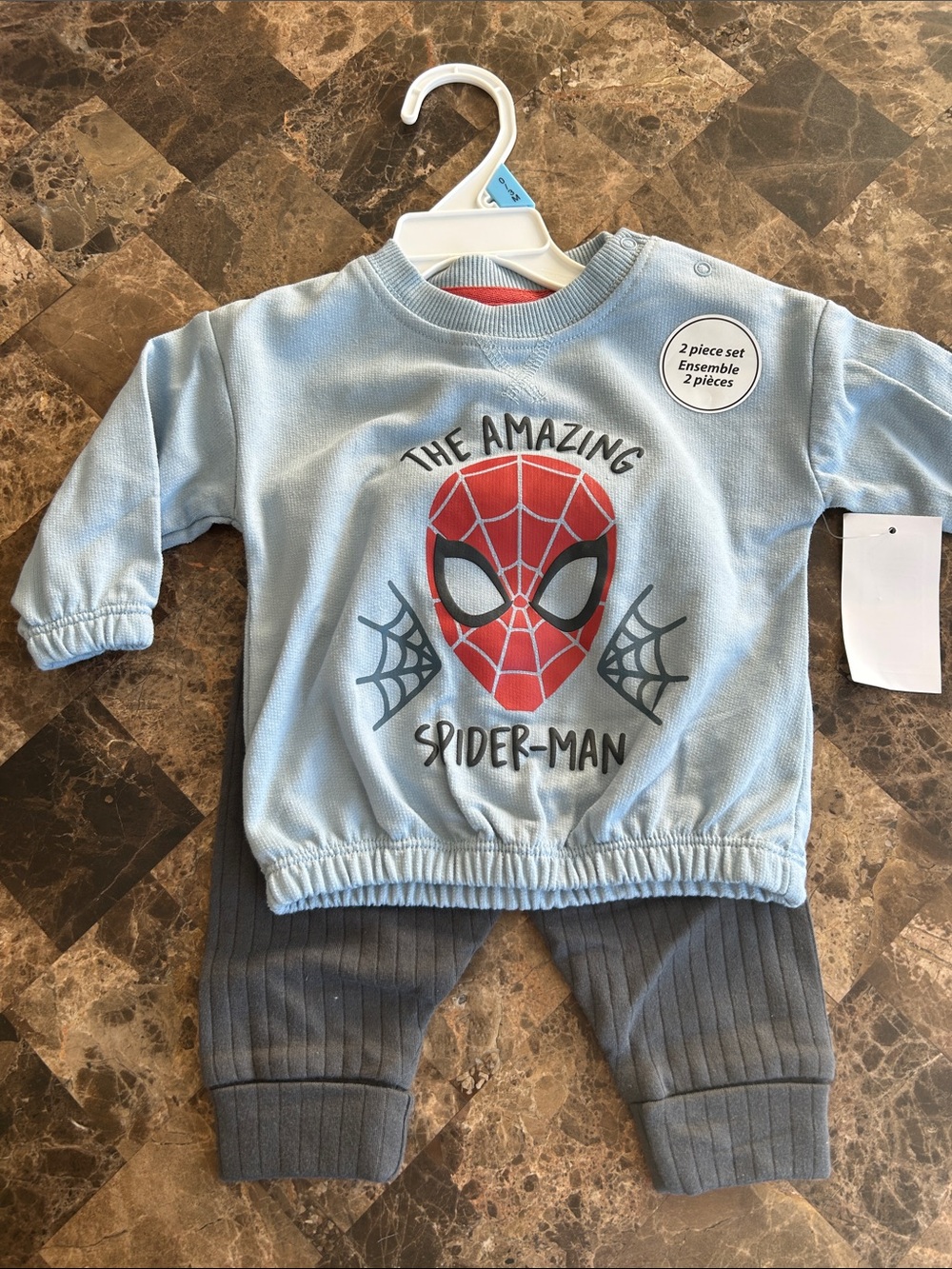 NWT 🆕 Marvel Spider-Man Light Blue & Gray Two-Piece Kids Set 0-3 months